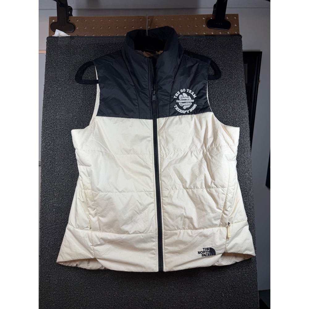 The North Face Puffer Vest Womens M Cream Black Therapy Dogs Embroidered 155